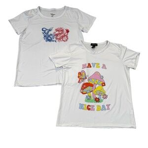 2 white graphic short sleeved T shirts with colorful patterns soft & stretchy, L